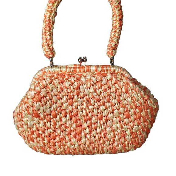 Vintage 1950s 1960s Orange And Yellow Crochet Raffia Handbag Purse - Picture 4 of 13